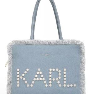 Karl Lagerfeld Blue and Gray Tote with Fringe Edges